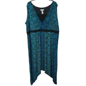 Catherine's Women's 3X (26/28) Faux Wrap Tank Dress Teal Black SharkBite Hem